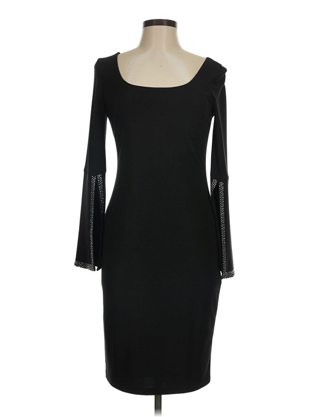 Black Joseph Ribkoff dress with rhinestone split sleeves, size 6 US